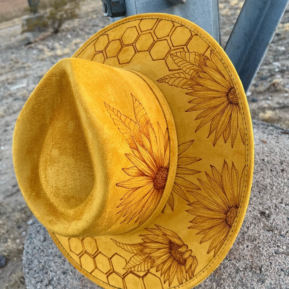 Yellow Sunflower Hand Burned Rancher Hat